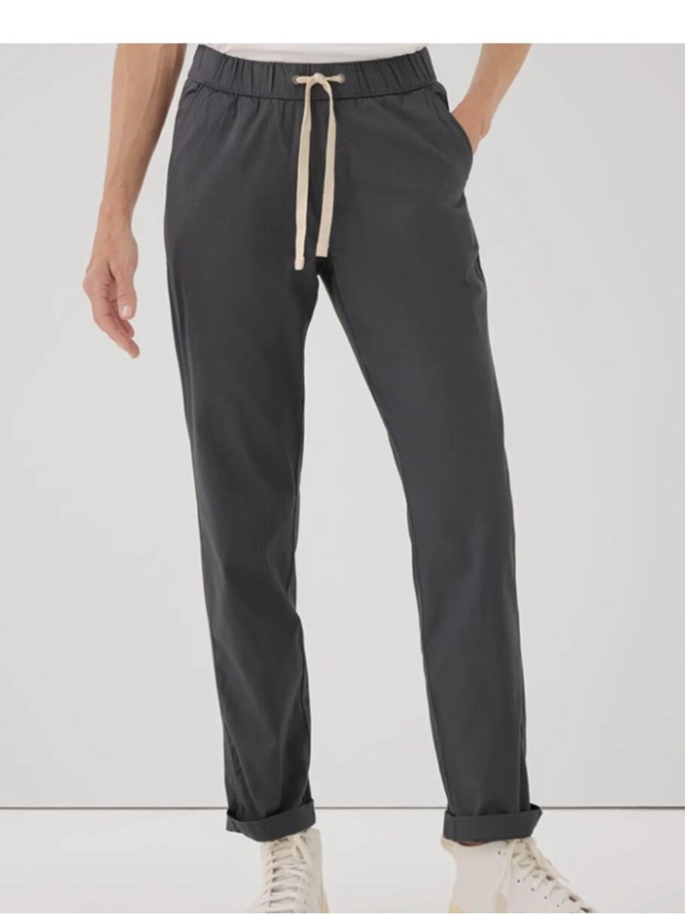Pact Gray Organic Cotton Daily Twill Drawstring Pull On Pants Sz Lg